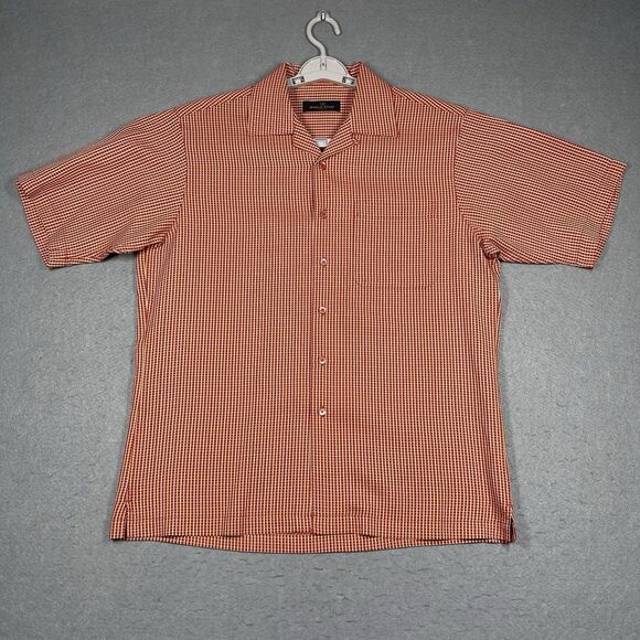 Bugatchi Uomo Shirt Mens Medium Red Orange Check Stretch Button Up Short Sleeve - Picture 1 of 9